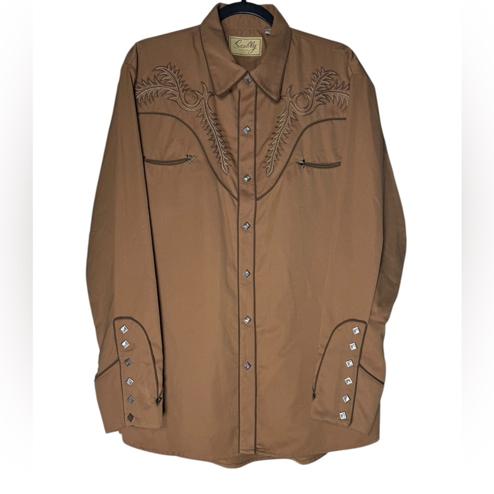 Scully Western Cowboy Shirt Sz Large Scully Brown Embroidered Rodeo Pearl Snap